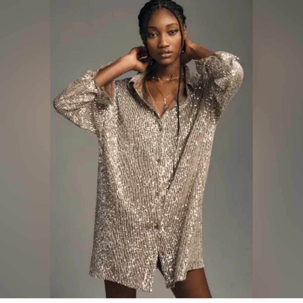 Anthropologie Flat White gold Sequin Top Tunic Duster mini Dress long sleeves XL